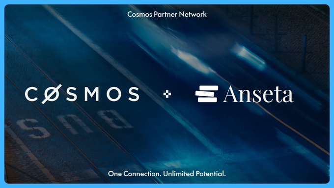 The image is a promotional graphic for the Cosmos Partner Network featuring the logos of Cosmos and Anseta against a dark, motion-blurred background with car lights streaking by. The tagline "One Connection. Unlimited Potential." appears at the bottom, reinforcing the post's message about the network connecting partner organizations to advance digital asset initiatives.