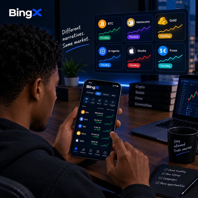 A promotional image for BingX trading platform showing a man looking at a smartphone app displaying BTC, ETH, SOL, GOLD, and AAPL prices, with trending categories floating above.