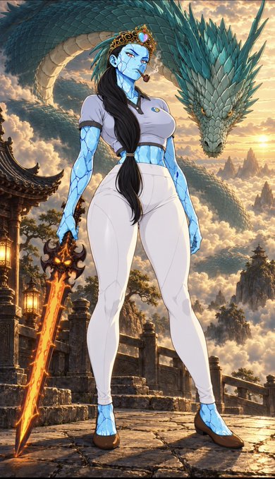 A digital fantasy illustration of a blue-skinned woman wearing a golden crown and white outfit, holding a fiery sword while standing on stone steps with a large green dragon in the background.