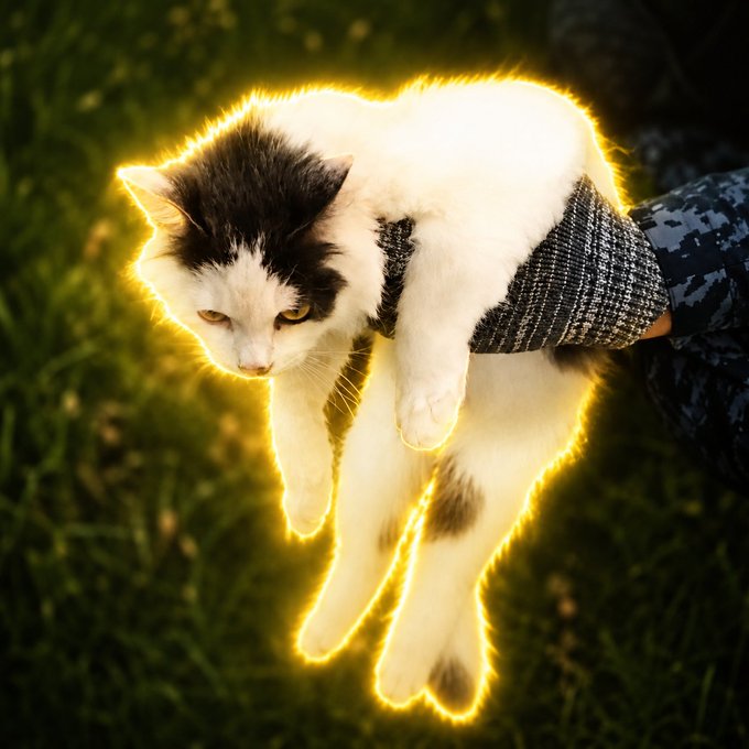 A black and white cat with a glowing yellow outline is being held limply above grass, appearing unconscious or sedated. The image relates to the viral story of Catlo Escopurr, a cat allegedly caught trying to smuggle drugs into a Russian prison, whose dazed, dangling posture has made it an internet sensation tied to the $CATLO memecoin.