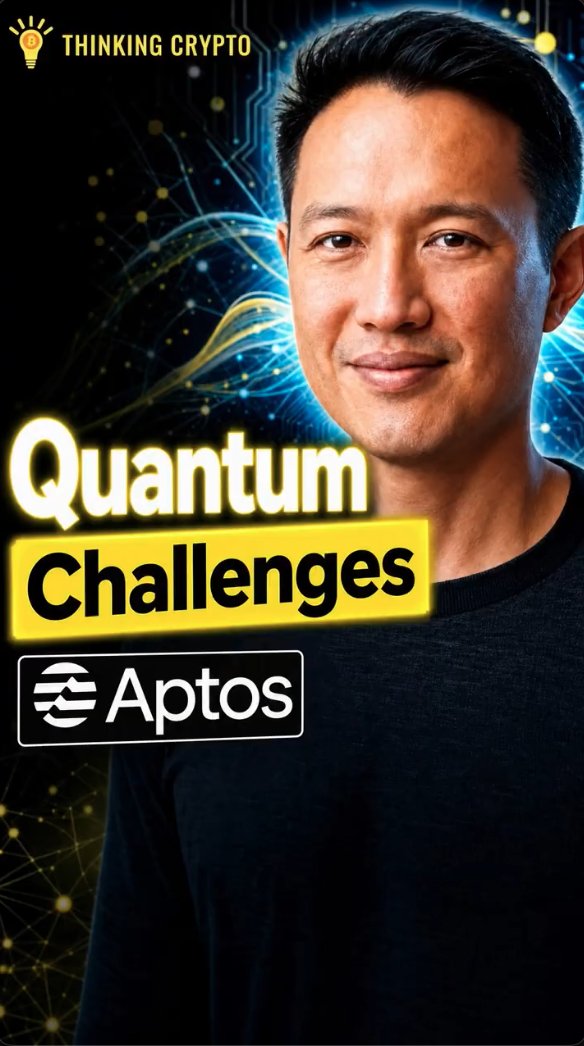 A portrait of Avery Ching, Co-Founder & CEO of Aptos Labs, appears on a "Thinking Crypto" thumbnail with the headline "Quantum Challenges" alongside the Aptos logo, promoting an interview about how quantum computing could compromise crypto private keys.
