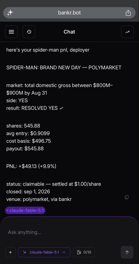 A screenshot of a chat interface with a bot named 'bankr.bot' displaying prediction market results for 'SPIDER-MAN: BRAND NEW DAY — POLYMARKET', showing a resolved YES outcome with a profit of +$49.13.