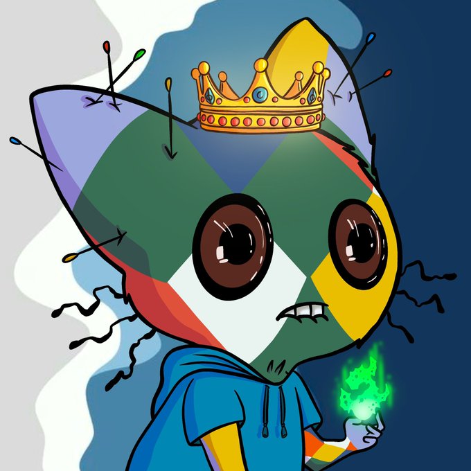 A cartoon character with a rainbow-colored, diamond-patterned body wears a golden crown and a blue hoodie while holding a glowing green flame, fitting the "Gm to everyone" crypto-community greeting.