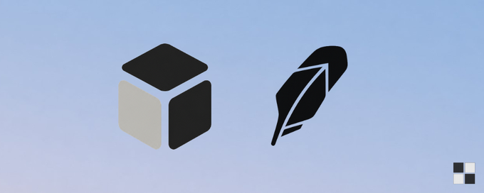 A simple graphic shows a black and white isometric cube next to a black quill pen icon on a light blue gradient background.