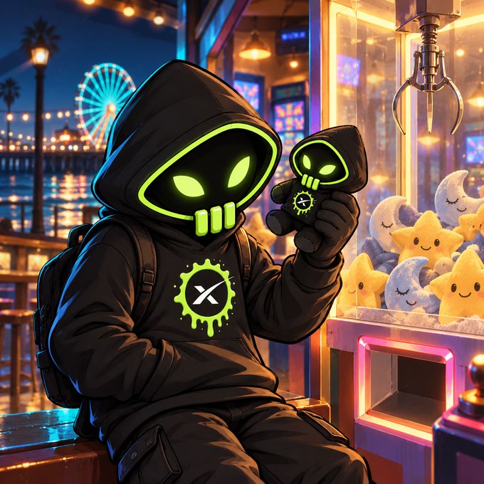 A stylized digital illustration of a hooded figure with glowing green skull-like eyes holding a small plush toy, set against a neon-lit boardwalk at night with a Ferris wheel in the background.