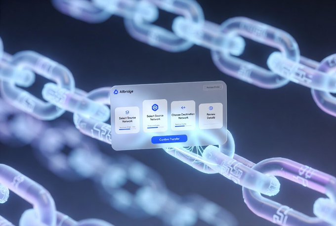 A promotional graphic for 'Aithra' showing options to Select Source Network, Select Source Network, Choose Destination Network, and Review Details with a 'Confirm Transfer' button, set against a glowing chain background.