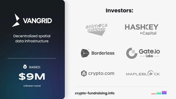 An infographic from crypto-fundraising.info shows VANGRID raised $9M, listing investors including Animoca Brands, HashKey Capital, Borderless, Gate.io Labs, Crypto.com, and Mapleblock.