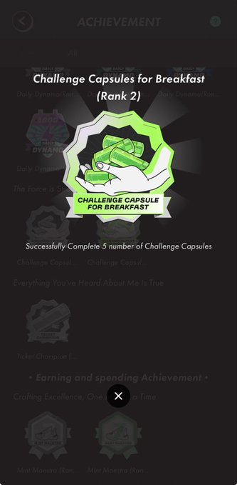 The image shows a "Challenge Capsules for Breakfast (Rank 2)" achievement badge from what appears to be the STEPN app, featuring a green capsule graphic with the description "Successfully Complete 5 number of Challenge Capsules." This relates to the post as the user received this achievement despite not being a beta tester and having only completed 2 challenges.