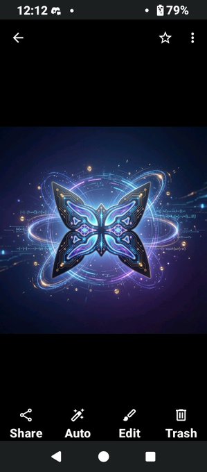 A smartphone screenshot showing a digital artwork of a glowing, neon blue and purple butterfly composed of circuit-like patterns and digital code on a dark starry background, with editing options (Share, Auto, Edit, Trash) at the bottom.