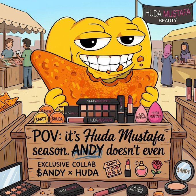 A cartoon promotion for 'Huda Mustafa Beauty' featuring a yellow character labeled 'ANDY' inside a market stall, advertising an 'Exclusively Collab $ANDY x HUDA' with various Huda Mustafa beauty products displayed around.