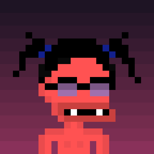 A pixel art character with pink skin, messy black pigtails tied with blue bands, droopy purple eyes, and a toothy grin, depicted against a purple striped background. The crude, lo-fi artwork likely serves as a playful "first move" introduction from a new collector in the OCAS (On-Chain Artifact Series or similar NFT) community, offering an endearing, homemade vibe rather than polished graphics.