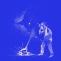 A grainy blue-tinted thermal or night-vision style image showing two figures, one wielding a tool that creates sparks against the floor.