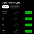 A mobile app interface titled 'Explore more crypto' displaying a 'Non-tradable' badge alongside crypto assets including CAW/Cardano, BNB, APE, and SAND, each with a green 'Get crypto' button.