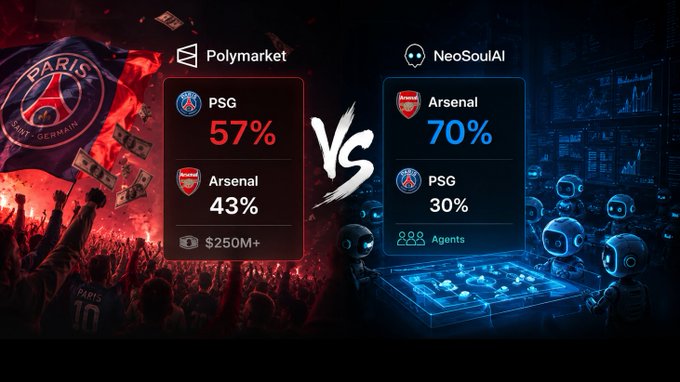 The image features a comparison between two teams, one represented by a flag with Paris on it and the other team's logo. The flags are displayed side by side against a black background, making them stand out prominently. The text "Polymarket vs. Neosoul AI" is written above each flag to indicate that this is a comparison of these two teams or companies. The image also includes some numbers and logos related to the teams' performance in a game.