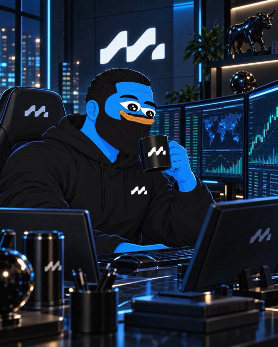 A stylized digital illustration of a blue-skinned character wearing a black hoodie and mask, holding a mug, seated at a desk with multiple monitors displaying trading charts in a modern tech-themed environment with bull ornaments.