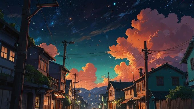 An anime-style illustration of a quiet neighborhood street at twilight, with power lines silhouetted against a vibrant sky filled with orange clouds and stars.