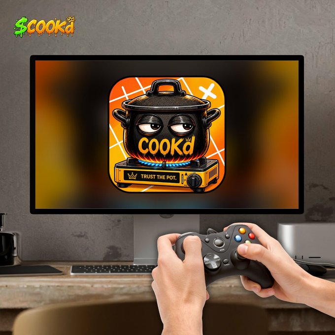 The image shows hands holding an Xbox controller pointed at a monitor displaying the "COOKd" app icon, featuring a cartoon pot with eyes cooking on a stove with the text "TRUST THE POT." This visual directly relates to the post's announcement of "COOKduku," a new gaming feature being introduced to keep the COOKd community engaged and entertained.