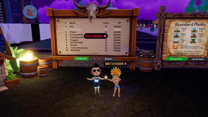 A virtual reality fitness game interface shows a leaderboard with usernames like 'Clio' and 'SteveSaiko' at the top, alongside two avatar characters in a Western-themed virtual environment.