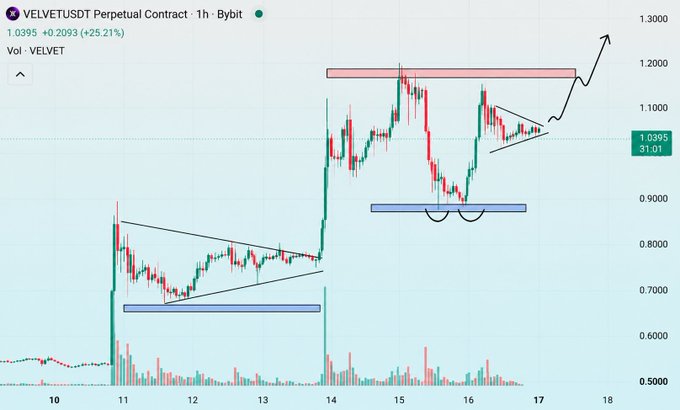 A 1-hour candlestick chart for the VELVETUSDT Perpetual Contract on Bybit, showing price action around 1.0395 with technical analysis drawings including support and resistance levels.