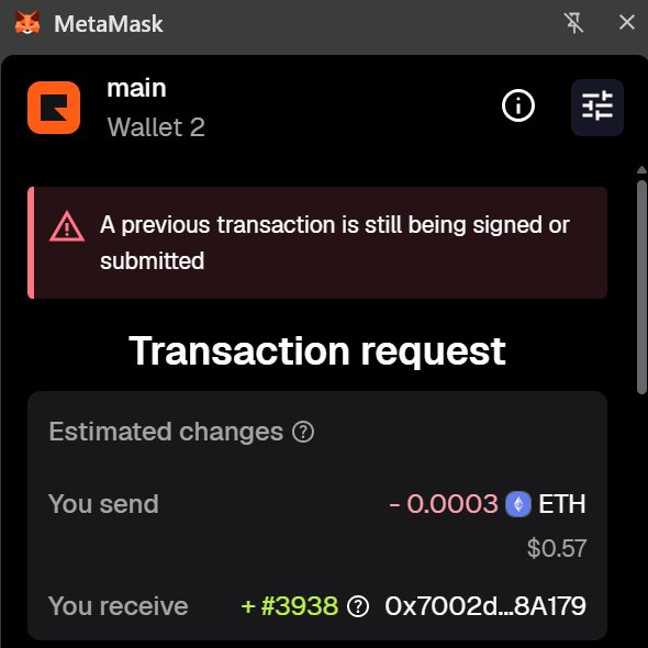 A MetaMask transaction request screen showing an estimated change of sending 0.0003 ETH ($0.57) to receive +3938 tokens at address 0x7002d...8A179, with a warning that a previous transaction is still being signed.