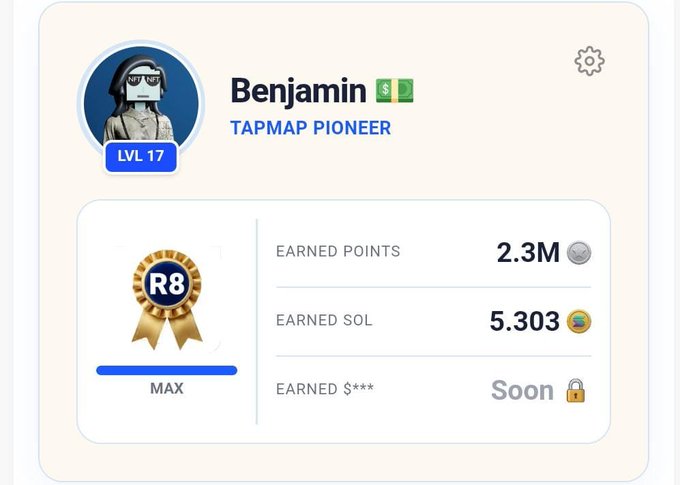 A user profile card shows 'Benjamin' as a TAPMAP Pioneer at Level 17, with 2.3M earned points and 5.303 earned SOL, including an R8 MAX badge.