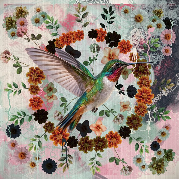 A vibrant collage featuring a colorful hummingbird with outstretched wings surrounded by an arrangement of pressed flowers in oranges, pinks, and dark tones against a patterned background.