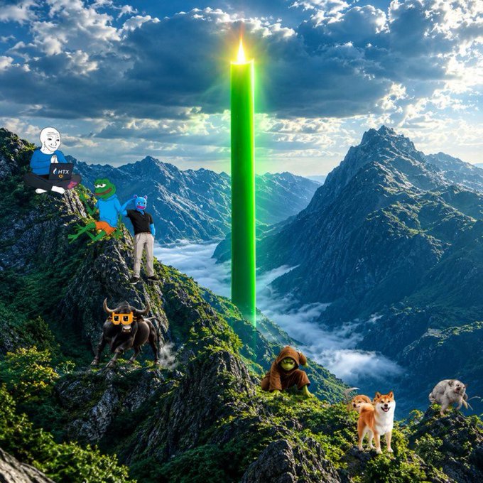 A surreal digital artwork showing a green laser beam shooting upward from a misty mountain valley, with cartoon characters including Pepe the Frog, Shiba Inu dogs, a bull with VR goggles, and others positioned on rocky peaks.