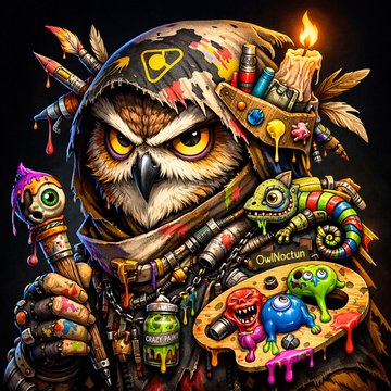 The image features a cartoon owl with paint splatters all over its face, wings, and body, holding a paintbrush and palette of colors. The owl appears to be wearing a paint-splattered robe or apron while standing on a table covered in various art supplies such as paintbrushes, palettes, and other painting materials. The background is dark, which contrasts with the colorful elements of the owl's attire and the art supplies.