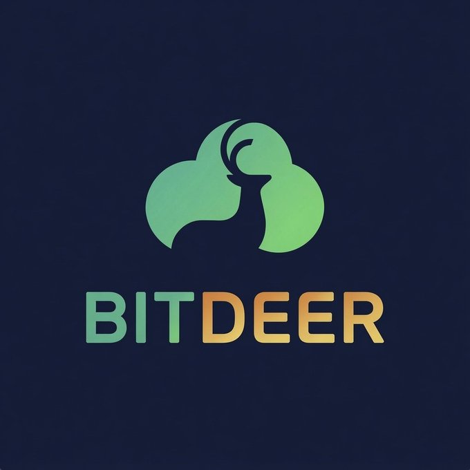The image displays the Bitdeer logo, featuring a stylized green deer head emblem above the company name "BITDEER" in green and gold lettering on a dark navy background. The post highlights Bitdeer's ($BTDR) significant revenue commitments from its AI cloud facility and a 322% year-over-year surge in Bitcoin ($BTC) production.