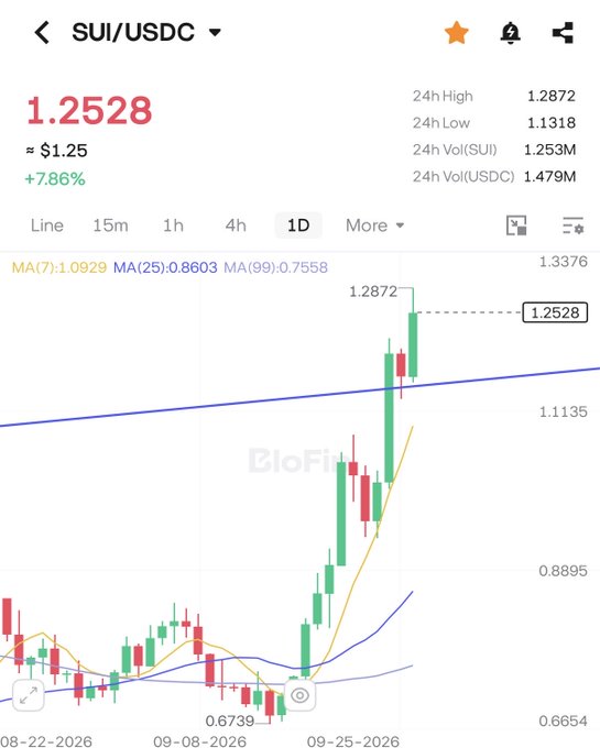 A BloFin trading chart for SUI/USDC showing a price of 1.2528, up 7.86%, with a 24h high of 1.2872 and low of 1.1318 on a 1D timeframe.