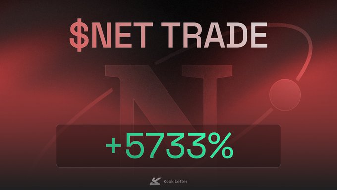A bold graphic from Kook Letter showcases "$NET TRADE" with a striking +5733% gain displayed in a green box, reinforcing the post's claim of buying $NET (Net Trade) three weeks ahead of the crowd and reaping massive returns.