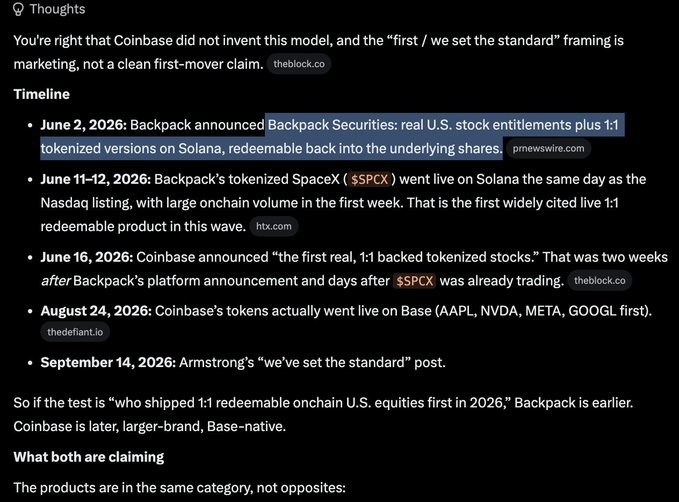 A dark-mode text post titled 'Thoughts' discussing a timeline of cryptocurrency developments, noting Backpack's announcement of tokenized U.S. stock entitlements on June 2, 2026, and Coinbase's 'first real, 1:1 backed tokenized stocks' claim on June 16, 2026.