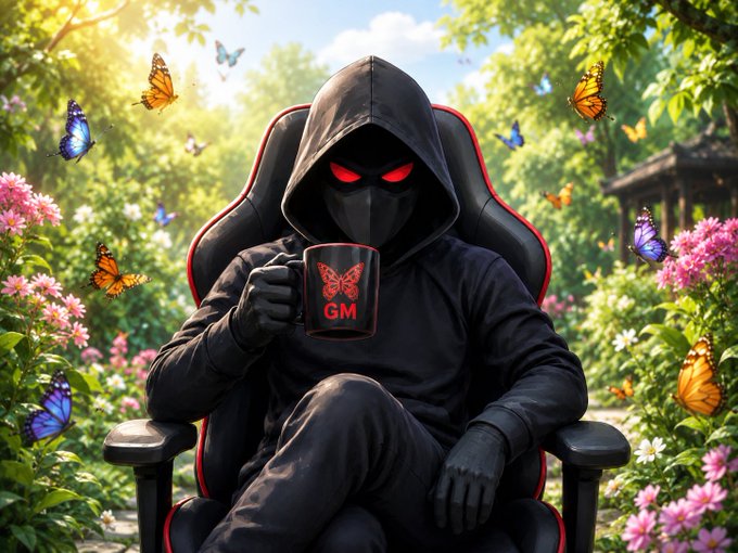 The image features a person sitting in an office chair, wearing a black hoodie and holding a coffee mug that has "Gm" written on it. The background of the image shows a garden with colorful flowers, creating a serene atmosphere. There are also butterflies flying around the scene, adding to the overall ambiance. The post includes text that reads "@quipnetwork Happy Friday Keep building with @quip".