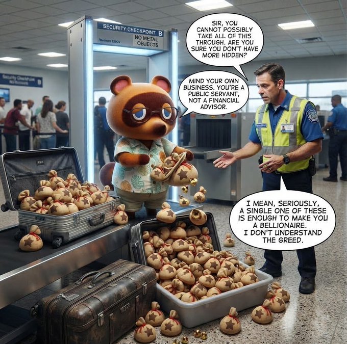 A humorous edited image of Tom from Tom and Company at an airport security checkpoint, with the security guard (in dialogue) shocked by the bags of fortune cookies, saying he doesn't understand how one fortune can make someone a billionaire.
