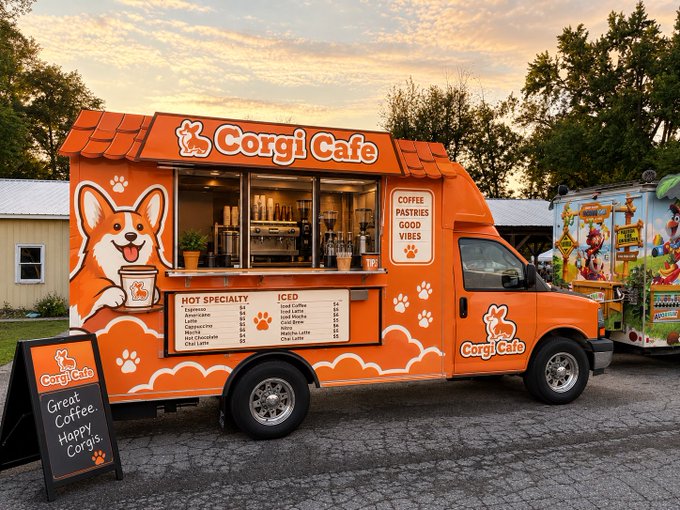 An orange food truck called 'Corgi Cafe' with a cute corgi mascot, serving 'Hot Specialty' and 'Iced' coffees, with a chalkboard sign reading 'Great Coffee, Happy Corgis.'