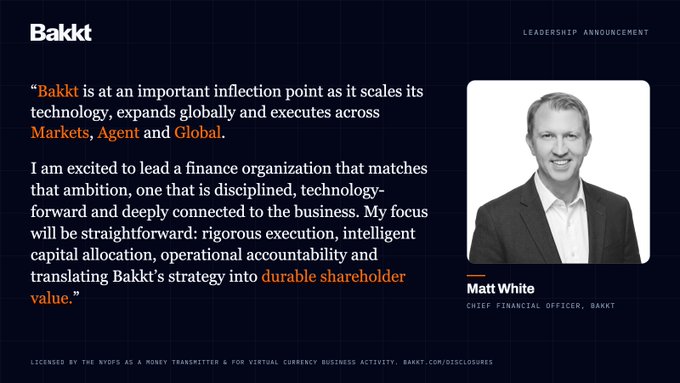 Bakkt announces Matt White as its Chief Financial Officer, highlighting his focus on disciplined technology investment, global growth, and shareholder value. The leadership announcement notes that White brings over two decades of public-company finance experience, most recently serving for more than seven years.