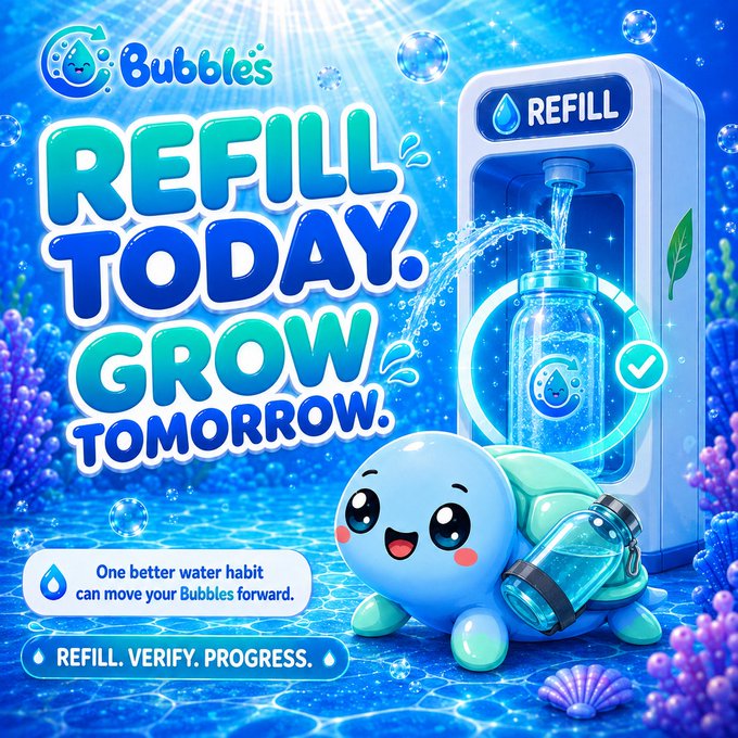 A vibrant blue advertisement for 'Bubbles' featuring a cute turtle character carrying a water bottle, with text reading 'REFILL TODAY. GROW TOMORROW.' and 'REFILL. VERIFY. PROGRESS.'