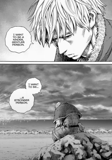 A black-and-white manga panel shows a blonde youth stating "I want to be a kinder, gentler person," followed by a small figure sitting on a rock by the sea whispering "I want to be... a stronger person." The post's shift from "sol" (SOL cryptocurrency) to "soul" mirrors the character's inward journey of seeking emotional growth and self-improvement over market gains.