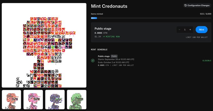 A webpage for 'Mint Credonauts' NFT project showing pixel art astronauts with 503/9,999 items minted at 0.0005 ETH.