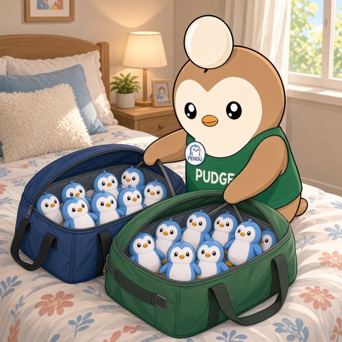 A cartoon-style plush penguin character wearing a green shirt labeled "PUDGE" sits on a bed surrounded by two open duffel bags (blue and green) filled with smaller penguin plushies. The cozy bedroom setting includes a lamp, a framed photo, and a window with natural light.