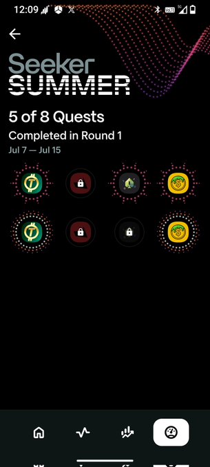 A 'Seeker SUMMER' quests screen showing 5 of 8 Quests Completed in Round 1 (Jul 7 – Jul 15), with various reward icons displayed.
