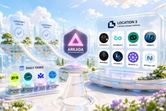 A futuristic digital interface displaying 'ARCADA' with various tasks and locations in a sci-fi environment.