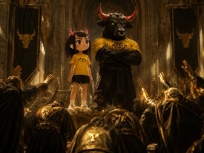 A small girl with red horns and a large muscular bull, both wearing matching yellow "OCO" shirts, stand defiantly before a kneeling crowd of hooded worshippers in a grand cathedral adorned with bull banners. The image visually reinforces the post's defiant message, transforming the typical "bull market" symbol into an idol being worshipped by believers—suggesting that true conviction ("we build the bull") is a religion of its own.