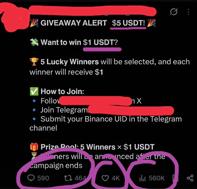 A screenshot of a tweet promoting a '$5 USDT' giveaway, detailing how to win $1 USDT by following on X and joining Telegram to submit a Binance UID, with 590 replies, 464 retweets, 4K likes, and 560K views.