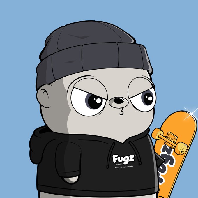 A cartoon character with an oversized head wearing a black beanie and a "Fugz First Edition Apparel" hoodie, holding an orange skateboard against a light blue background.