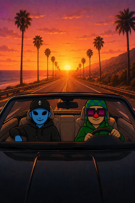 A digital illustration of two characters—one blue-skinned with a black cap and hoodie, the other a green hooded figure with a red nose and sunglasses—cruising in a convertible at sunset down a palm-tree-lined coastal road.
