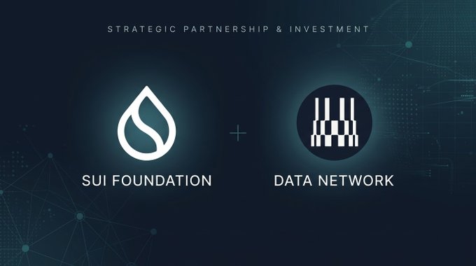 A graphic announcing a 'STRATEGIC PARTNERSHIP & INVESTMENT' between the 'SUI FOUNDATION' and 'DATA NETWORK', featuring their respective logos.
