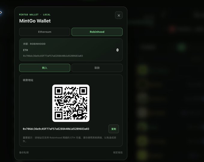 A screenshot of the MintGo Wallet interface showing the Ethereum and Robinhood tabs, with an ETH balance of 0 and a Robinhood network deposit address (0x706dc36e9cA5F77aF57aE288A40b1d5289683a03) displayed along with its QR code.