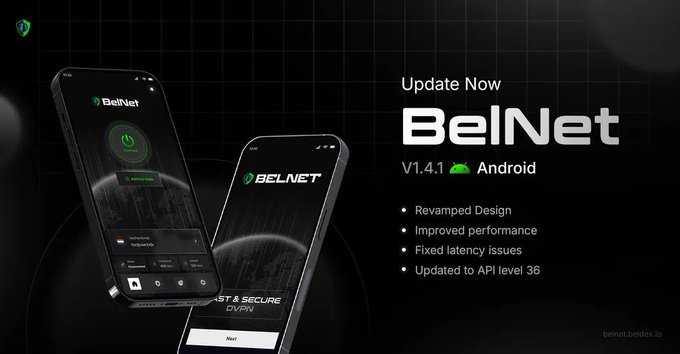 A promotional graphic advertises 'BelNet' VPN app update version 1.4.1 for Android, featuring two smartphones displaying the app interface.