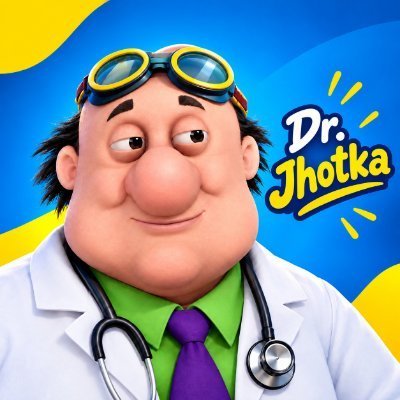 A 3D cartoon character dressed as a doctor with goggles, white coat, and stethoscope appears alongside the text 'Dr. Jhotka' on a yellow and blue background.